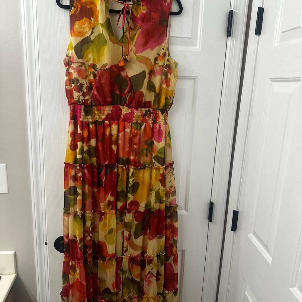 1. State Sleeveless Floral Maxi Dress in Red, Yellow, Green